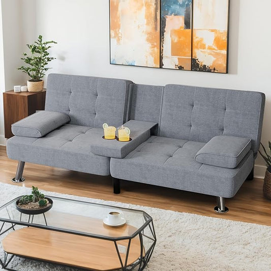 Shahoo Modern Linen Upholstered Convertible Folding Futon Sofa Bed with Removable Armrests Metal Legs 2 Cup Holders for Living Room Dark Grey