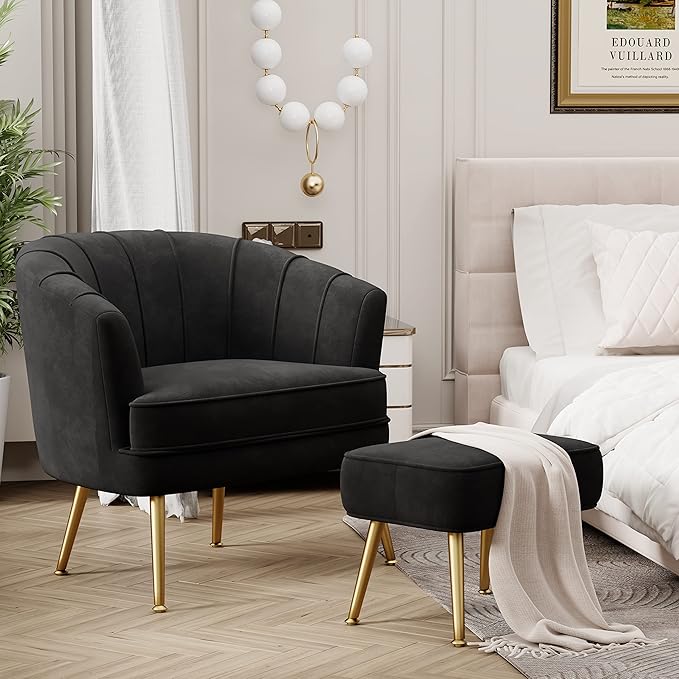 Andeworld Velvet Accent Chair with Ottoman Upholstered Modern Single Sofa Side ChairComfy Barrel Club Living Room Armchair with Golden Metal Legs for Bedroom Living Reading Room Office Black