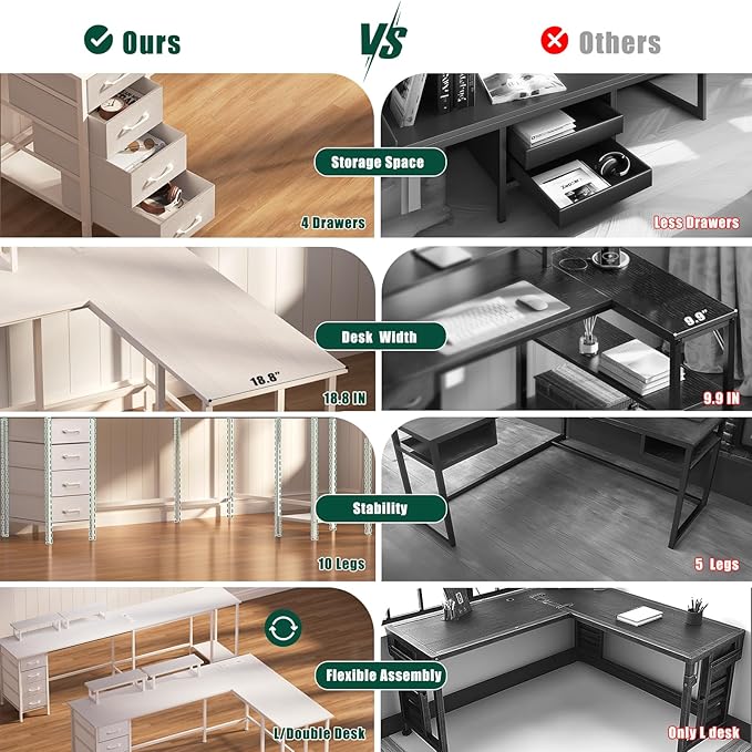66 L Shaped Computer Desk 94.4'' Home Office Desk with Power Outlets 4 Adjustable Storage Drawers &amp 2 Monitor Stands Large Two Person Gaming Table for Writing Study White