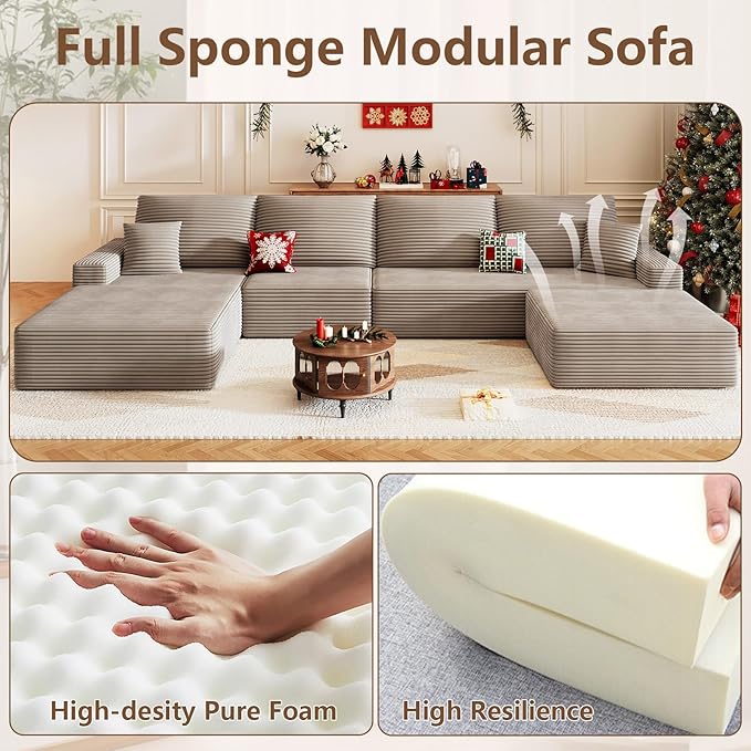 136 Boneless Cloud Couch with OttomanMoudular Sectional Sofa with Deep SeatModern Minimalist Sofas with 4 SeaterCorduroy U Shaped Couches for Living RoomNo Assembly(CamelLeft Facing Chaise)