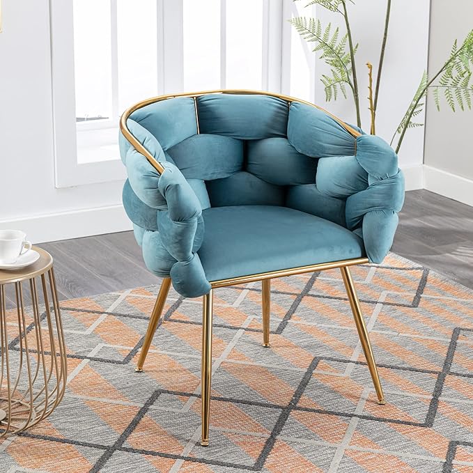 Polibi Modern Velvet Accent ChairDining Chair Single Sofa Chair Leisure Lounge Chairs with Golden Metal Frame Legs Living Room Furniture1PCS Blue