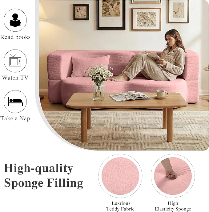Modern Convertible Sleeper Sofa BedCompact Couch Loveseat Sofa Curved Seating Floor Couch Comfy Teddy Fabric SofaSoft Cloud Couch with Pillows for Apartment Living Room Bedroom (Pink)