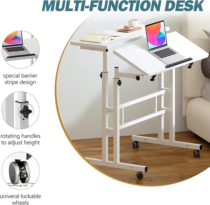 soges Mobile Standing Desk Adjustable Height Roling Sit-Stand Desk Small Standing Computer Desk Workstation on Wheels Sit Stand Up Desk for Home Office White