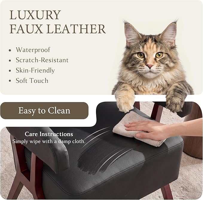 STHOUYN Leather Accent Chairs Barrel Chair with Solid Wood Frame Mid-Century Modern Wooden Armchair with Wraparound Back Comfy Office Reading Chair for Living Room Bedroom (1 Black)
