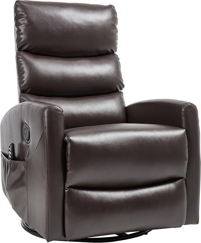 PELUMY 360° Swivel Rocker Recliner with Heat &amp Vibration Massage Glider Rocking Chair for Adults Compact Recliner for Living Room Small Spaces Nursery Bedroom (Breathable Leather Brown)