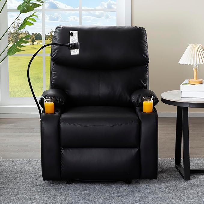Recliner Chair Oversized Reclining Chair with Phone Holder &amp 2 Cup Holders Leather Wide Rocker Chair for Adults Single Reclining Sofa Recliner for Living Room Office Theater Seating