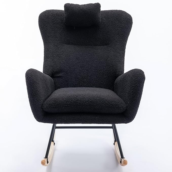 35.5 inch Rocking Chair Soft Fabric Rocking Chair for Nursery Comfy Wingback Glider Rocker with Safe Solid Wood Base for Living Room Bedroom BalconyBlack