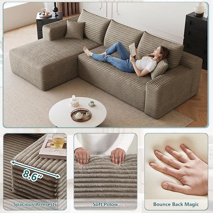 95 Cloud Sectional Sofa Boneless Couch for Living Room Modular Sectional Sofa with Deep Seat Fluffy Comfy Corduroy Couch with L-Shaped Chaise No Assembly Required (Camel Left Facing)