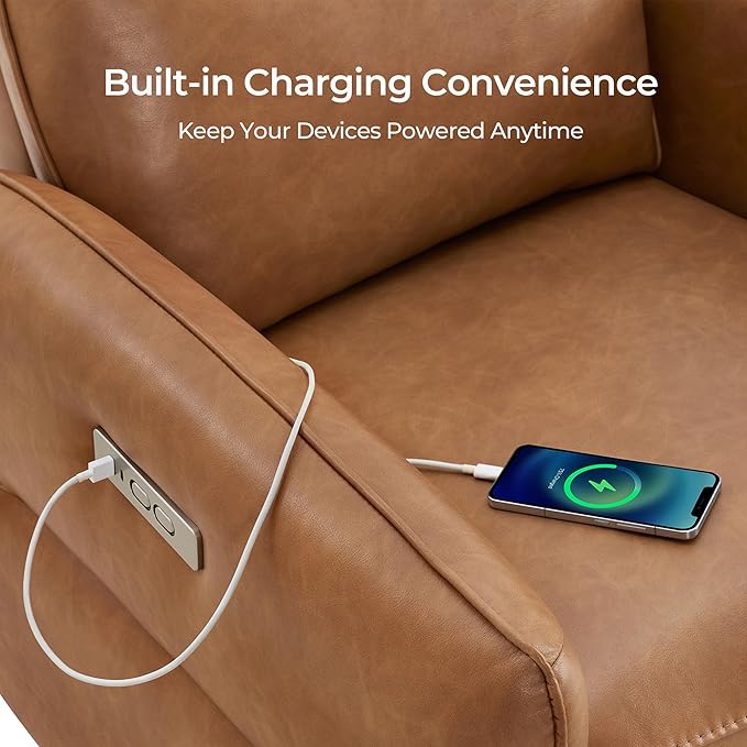 CHITA Faux Leather Power Recliner Chair Swivel Glider Recliner for Adults Nursery Rocking Chair with USB &amp Type-C Charging for Living Room Bedroom Camel