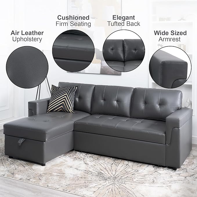 Naomi Home L Shaped Sectional Couch with Storage &amp Pull Out Bed – 3-in-1 Convertible Sleeper Sofa Bed Small L Shape Sofa for Living Room Sofa Bed with Storage Chaise in Dark Gray Air Leather
