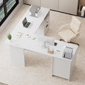 MU L Shaped Desk with File Drawer 60 Inch Corner Desk with Storage Drawers &amp Cabinet Large Home Office Table with Power Outlets Wood Executive Office Desk White