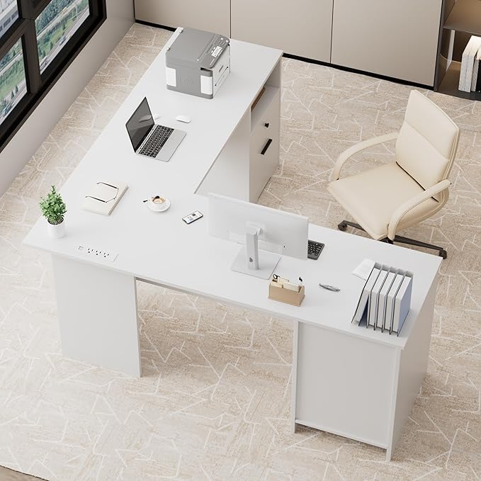 MU L Shaped Desk with File Drawer 60 Inch Corner Desk with Storage Drawers &amp Cabinet Large Home Office Table with Power Outlets Wood Executive Office Desk White