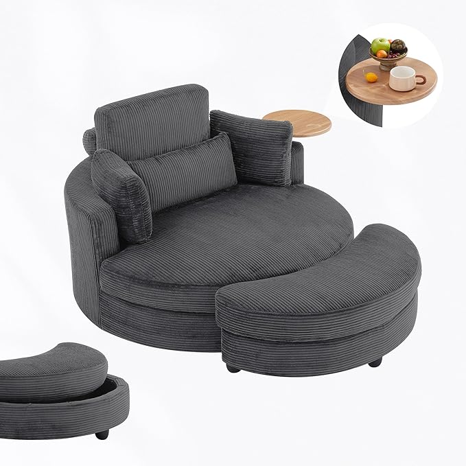 Yoglad Oversized Round Swivel Accent Chair with Ottoman &amp Wooden Armrest Tray – 360° Rotation and Stylish Modern Corduroy Fabric Perfect for Living Room/Apartment/Studio(Gray)