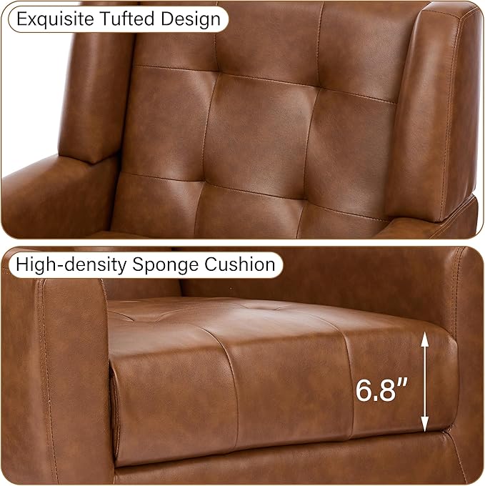 Accent Chair Comfy Mid Century Modern Small Armchairs with Solid Wood Frame and Soft Cushion for Living Room Bedroom (Faux Leather Coffee Set of 2)