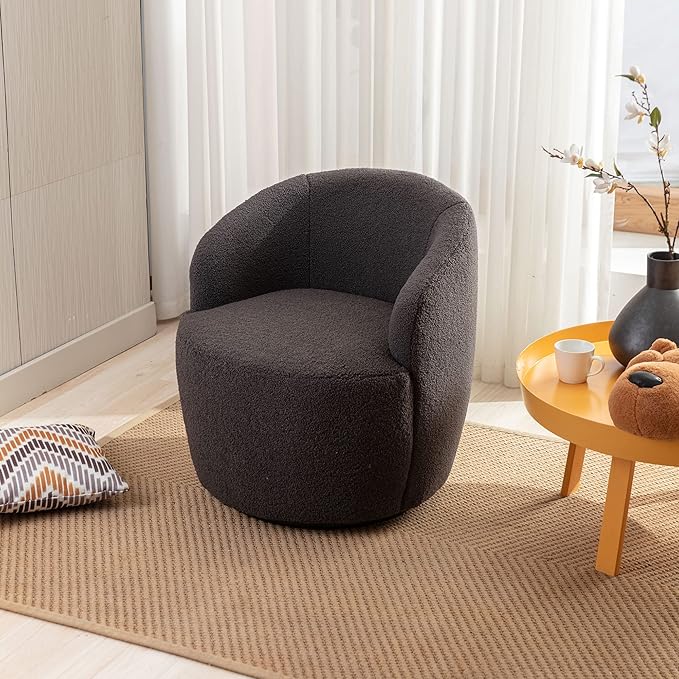 kevinplus Swivel Barrel Chair Accent Armchair for Living Room Bedroom 360 Degree Modern Round Upholstered Single Sofa Couch Chair Cozy Small Swivel Chair for Apartment Teddy Fabric Dark Grey
