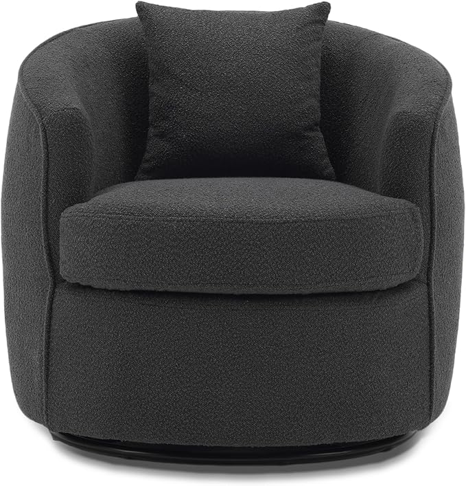 Swivel Accent Chair Modern Upholstered Boucle Barrel Arm Chairs with Pillow for Living Room 360 Degree Round Swivel Sherpa Armchair with Round Base for Bedroom Club (1 Dark Grey)