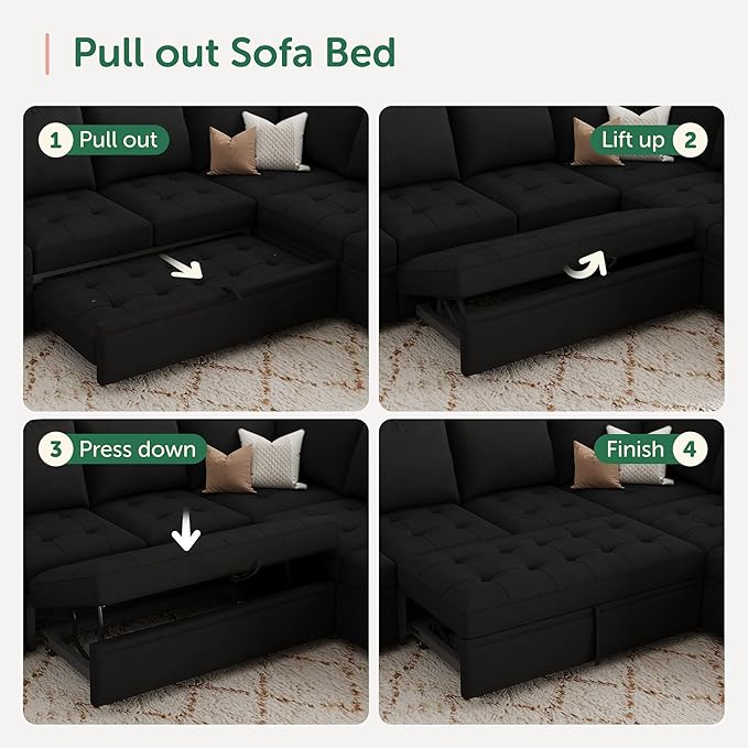 HONBAY Modular Sectional Couch with Pull Out Bed Sleeper Sofa with Storage U Shaped Modular Sectional Couches for Living RoomVelvet Black
