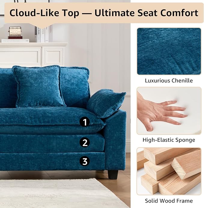 46.4'' Blue Modern Large Sectional Couches for Living Room Chenille Fabric Modular Sectional Sofa Oversized Single Cloud Couch with Ottomans Deep Seat Wide Arm Sofas Set Sofa para Sala
