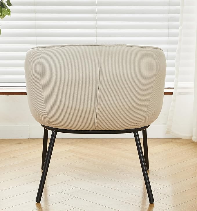 Modern Corduroy Accent Chair with Channel Back Design Black Metal Legs and Soft Upholstery Comfortable Seating for Living Room Bedroom or Office Beige