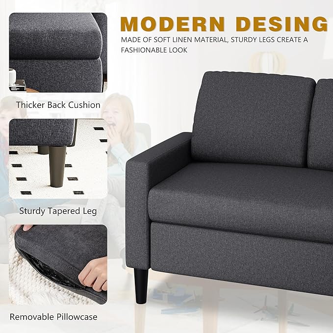 Shintenchi Small Convertible Sectional Sofa Couch with Ottoman 3 Seat L Shaped Sofa with Fabric Upholstered Sectional Sofas Small Couch for Apartments Living Room and Office (Carbon Black)
