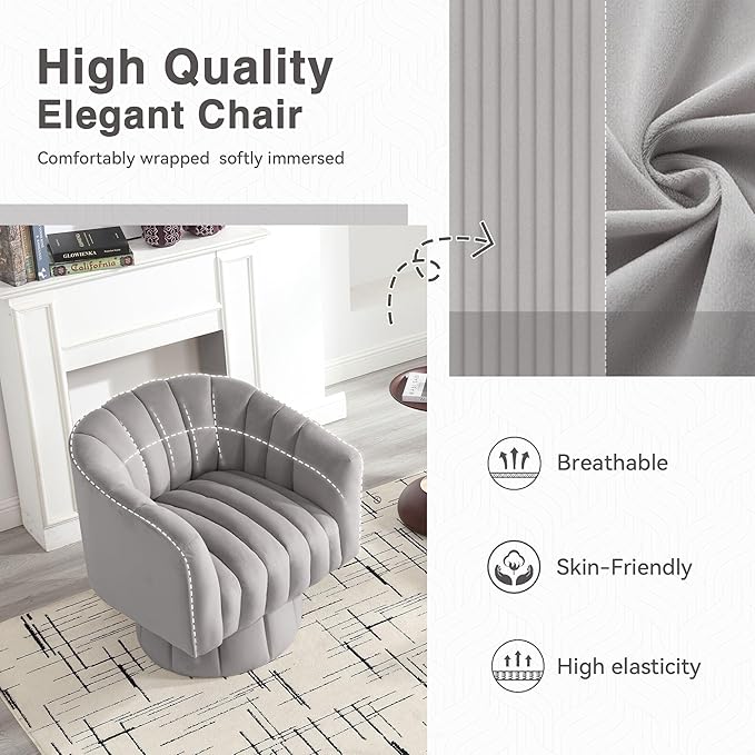 YSICK Swivel Accent Chair 360°Swivel Barrel Chair Modern Ottoman with Velvet Fabric Mid-Century Ottoman with Wide Upholstered Round Armchair for Living Room Lounge BedroomGrey