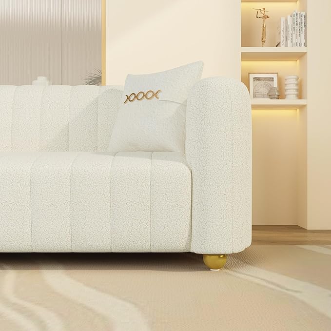 Modern Teddy Cream White Couch for Living Room 83.46 Curved Sofa with Gold Metal Sphere Legs 3 Seater Cute Couch (Teddy Cream White)