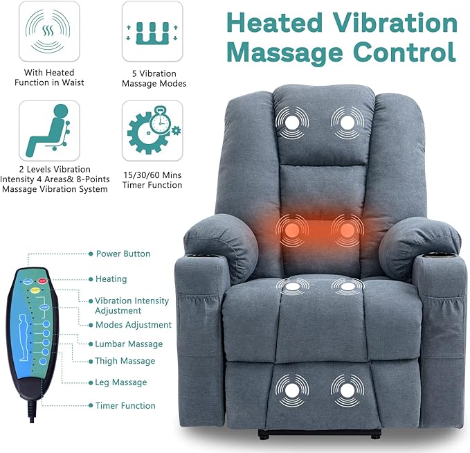 MEETWARM Power Lift Chair Electric Recliner for Elderly Heated Vibration Massage Soft Fabric Recliner Chair with 2 Remote Controls USB Ports Cup Holders &amp Side Pockets for Living Room (Gray-Blue