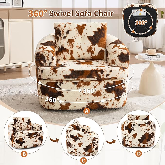 360° Swivel Accent Chair Boneless Barrel Armchair Ergonomic Upholstered Nursery Chair for Living Room Bedroom Comfy Faux Fur Fabric