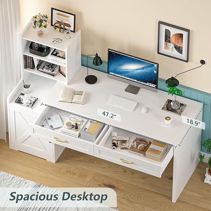 60 Computer Desk with Drawers &amp Bookshelves Home Office Desk with Storage Cabinet &amp Spacious Desktop Writing Gaming Study Table with Bookcase White