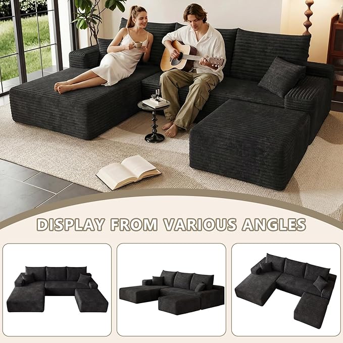 95 Modular Sectional Sofa Cloud Sectional Couch with Deep Seat Corduroy Boneless Couch with U Shaped Couch for Living Room No Assembly Required(Black Left Facing Chaise)