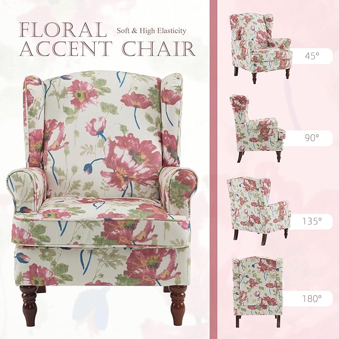 MELLCOM Floral Accent Chair High Back Upholstered Armchair with Solid Legs Leisure Single Sofa Chair for Living Room Bedroom Home Office Pink Floral