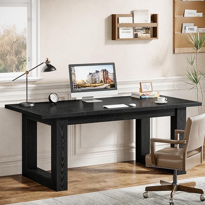 Tribesigns 63-Inch Executive Desk Modern Wood Office Desk Large Computer Table with Solid Wooden Base Work Desk for Home Office (Black)