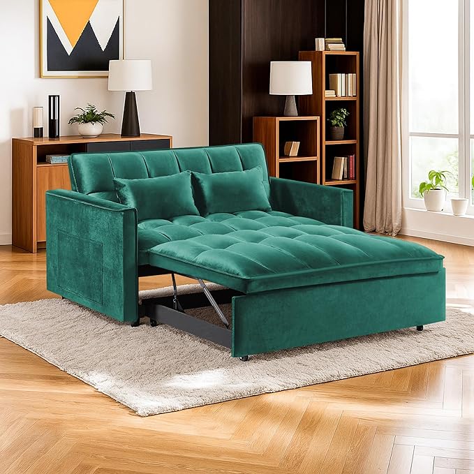 3 in 1 Convertible Sleeper Sofa BedFuton Pull Out Couch with Adjustable BackrestVelvet Fabric Loveseat Sofa with Side Pocket for Bedroom Living Room