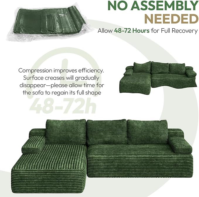 Yaheetech 110 Modular Sectional Sofa Corduroy Boneless Couch with Chaise L-Shape Cloud Couch with Detachable Pillows No Assembly Sofa for Living Room Green
