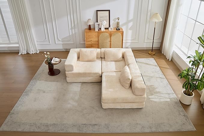 Convertible Floor Sofa Bed 3-Seat Modular Sectional Chenille Fabric No Assembly Required 118 inches Beige (3 Beige)