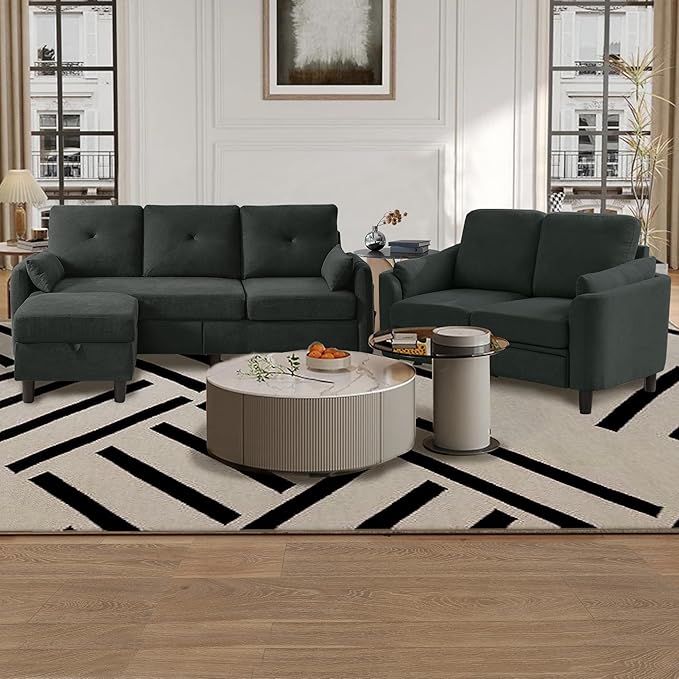 2 Piece Sofa Set Modern 3 Seater Sofa and Loveseat Sets Convertible Sectional Couch with Reversible Chaise L Shaped Couch Sets for Living Room ApartmentBlack