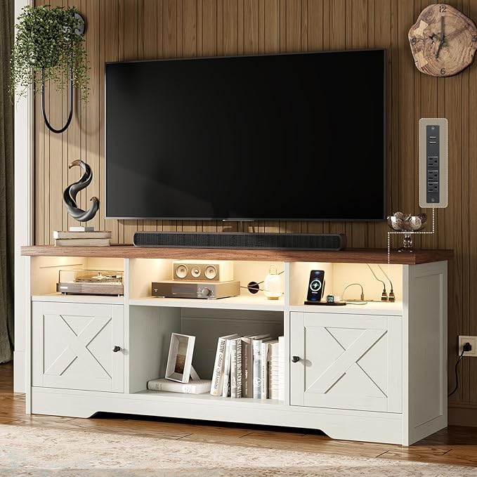 Casaottima TV Stand for 65 Inch TV Farmhouse Entertainment Center with Power Outlet &amp LED Light and Storage Cabinets Console Table and Media Furniture for Living Room Bedroom White