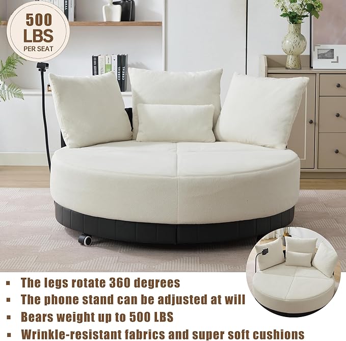 52.75'' Oversized Swivel Cuddle Chair 360° Swivel Round Sofa with Adjustable Phone Holder and 4 Pillows Beige Upholstered Round Loveseat with Rotating Pulley for Living Room Bedroom (Beige)