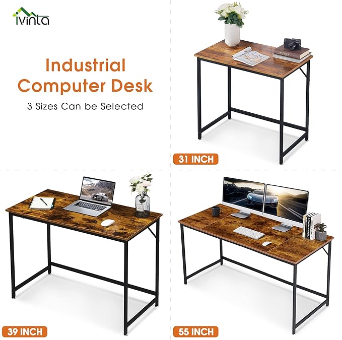 ivinta Computer Desk Industrial Home Office Desk with Metal Frame 40 Workstation for Small Spaces Living Room Bedroom Single (Vintage Easy Assemble)