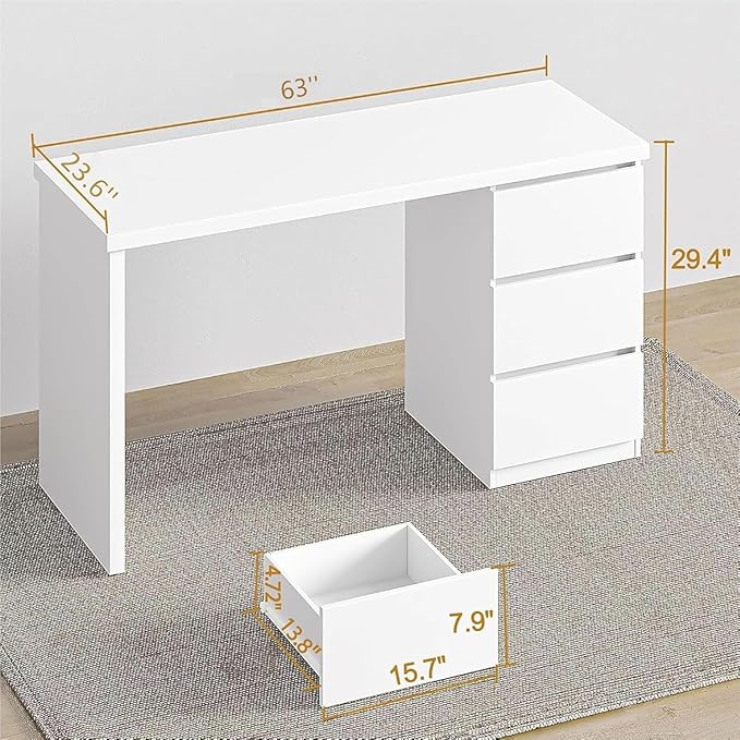 furtble White Desk with Drawers 63'' W Home Office Computer Desk Gaming Table Modern Vanity Desk with Storage Wood Writing Workstation for Bedroom Living Room White