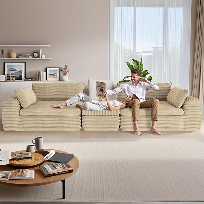 110 Sectional Couches for Living RoomOversized Boneless 3 Seater Cloud L Shaped CouchPlush Corduroy Sofa with OttomanNo Assembly RequiredBeige.