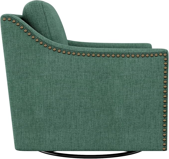 Swivel Accent Chair Modern Comfy Linen Upholstered Barrel Armchair with Nailhead Decor and Metal Base Soft Oversized Round Swivel Chair for Living Room Bedroom Club (1 Green)