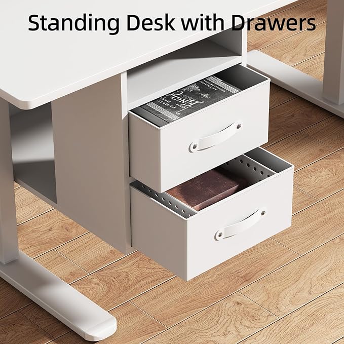 55x24 Inches Standing Desk with Drawers Electric Computer Desk with Open Storage Shelf Stand Up Desk Adjustable Height 28-46 Inches for Home and Computer Workstation White