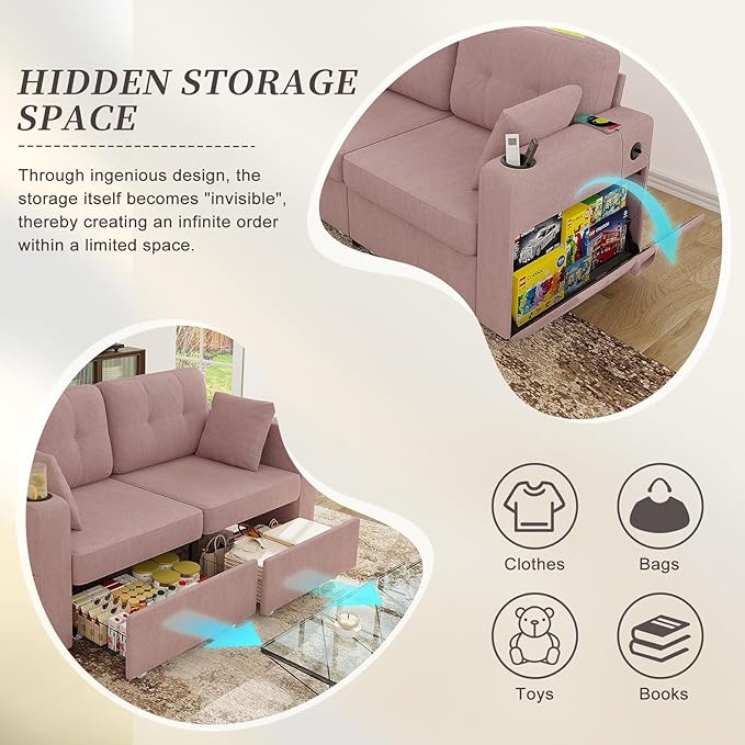 67 Small Loveseat Couch with Storage USB Charging and Cup Holder Space Saving Furniture Modern Chenille Love Seat Sofa Small Couches for Small Spaces Bedroom Apartment Pink