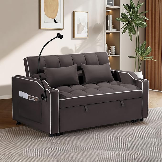 JEEOEHY 3 in 1 Convertible Sleeper Sofa BedVelvet Pull Out Couch Bed w USB&ampType C PortComfy Futon Loveseat with Adjustable Backrest&ampPhone Holder for Living Room Apartment Small Space(Brown)