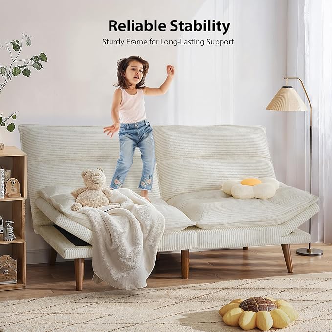 Pipishell Futon Sofa Bed Convertible Futon Adjustable Backrest &amp Armrests Corduroy Sleeper Couch for Small Spaces Living Room Office Guest Room (Pearl White 66 Inch)