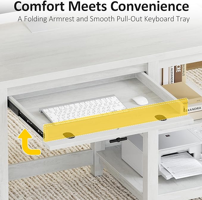 58 Executive Desk with Foldable Keyboard Tray and Charging Station Farmhouse Wood Home Office Desk with Drawers and Magazine Rack Large Writing Computer Desk for Home Office and Study White