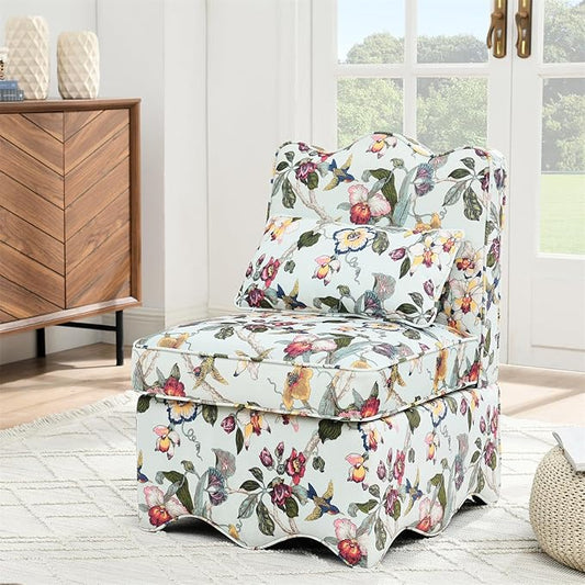 Polibi Retro Single Chair with Flower Pattern and Wave-Shape Edge Flannel Upholstered Armless Sofa Chair with Seat Cushion and Pillow for Living Room Bedroom Red+Yellow Flower