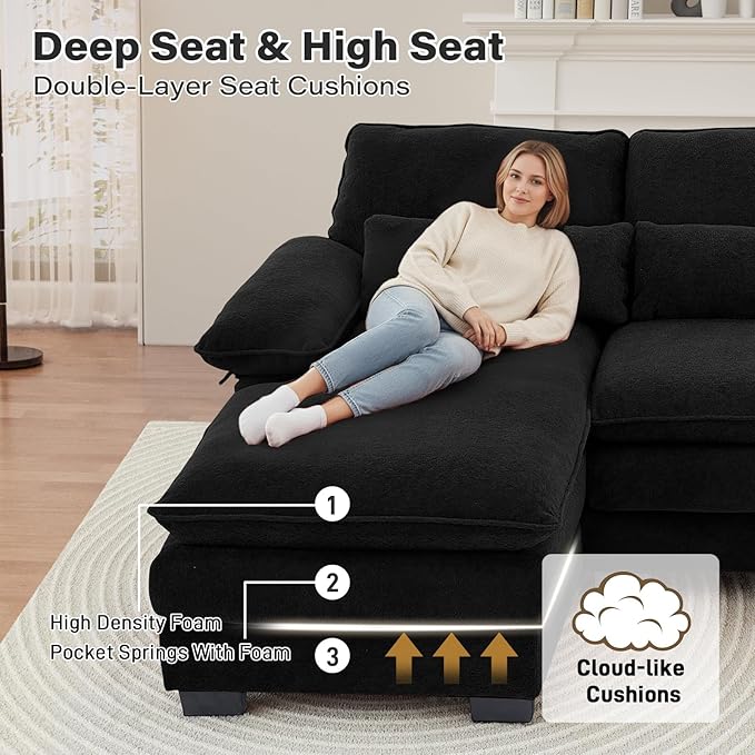 OUYESSIR 114 U Shape Sectional Cloud Couch with OttomanFluffy Sectional Couches for Living Room4 Seater Modular Sectionals SofaComfy Cloud Sofas &amp Couches with 4 PillowsBlack