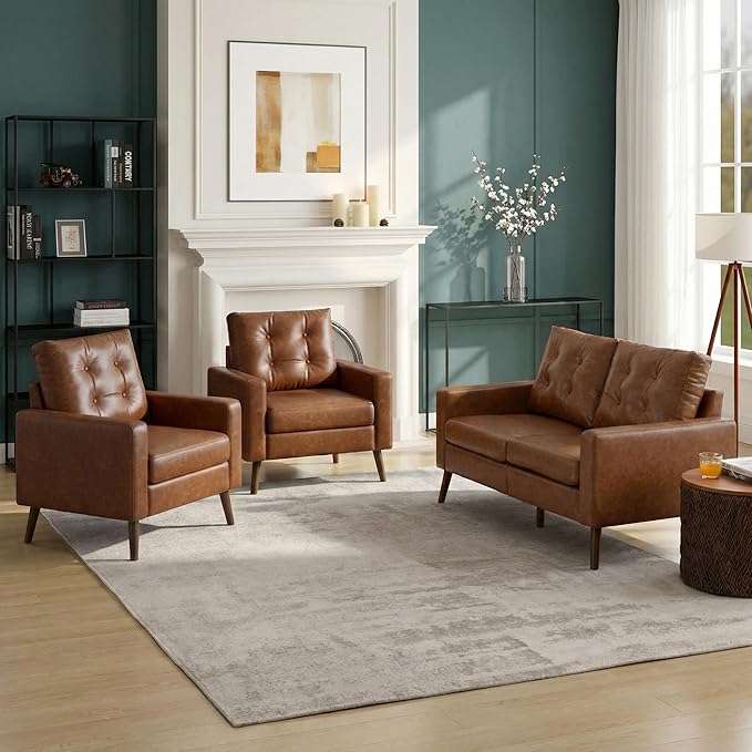 Wahson Accent Chairs Set of 2 Faux Leather Tufted Single Sofa Brown Oversized Club Chair Mid Century Modern Armchair with Wood Legs for Reading/Living Room/Bedroom